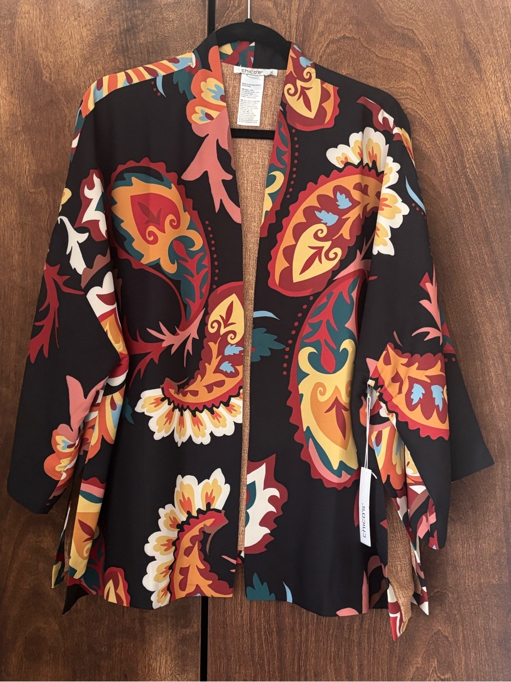 Chico's Black Multi Paisley Open-Front Kimono Jacket